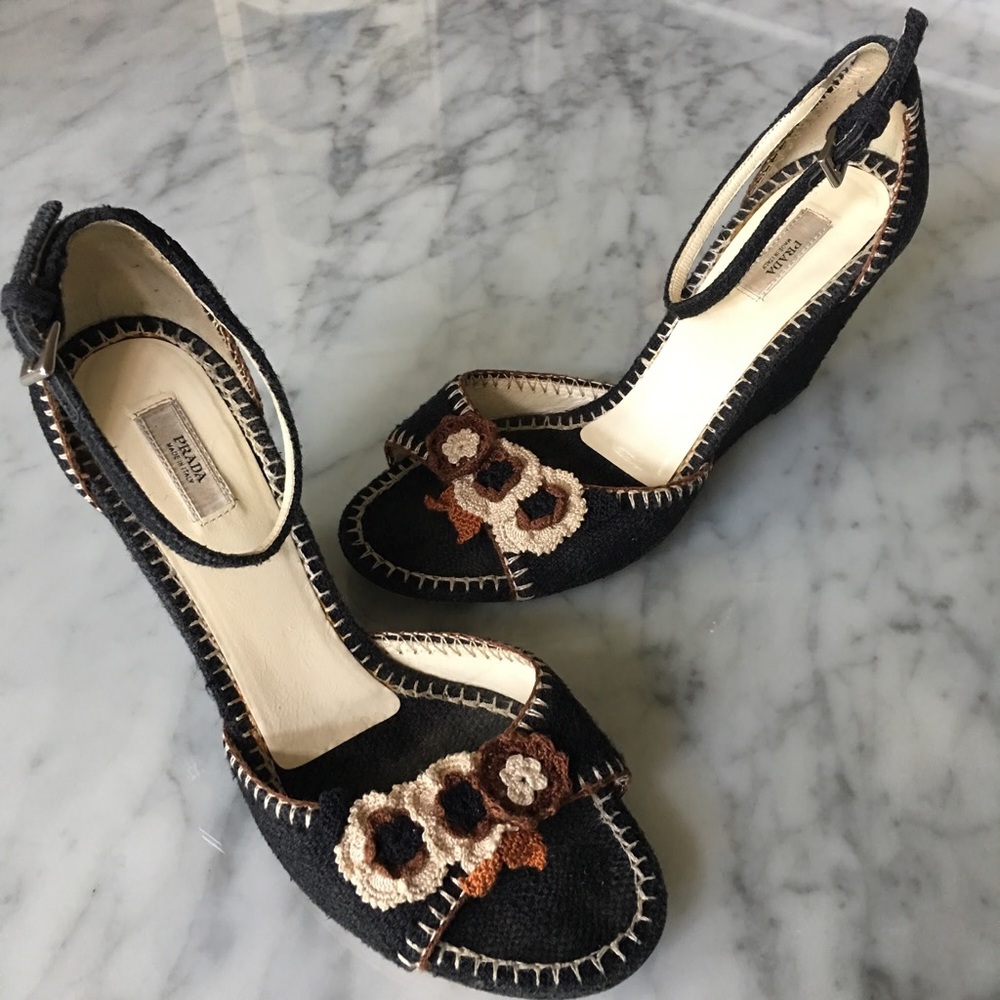 Vintage PRADA Black Tweed and Crochet Flower Appliqué Ankle Strap Wedge Sandals